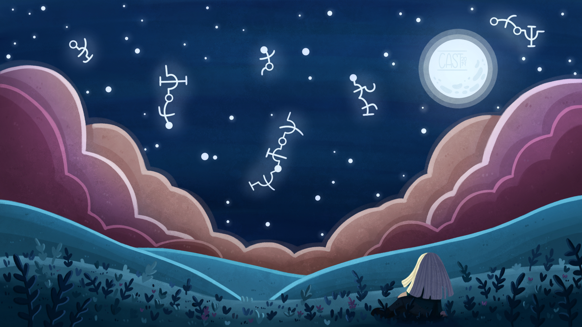 Girl in field of grass stares at moon and stars shining star script